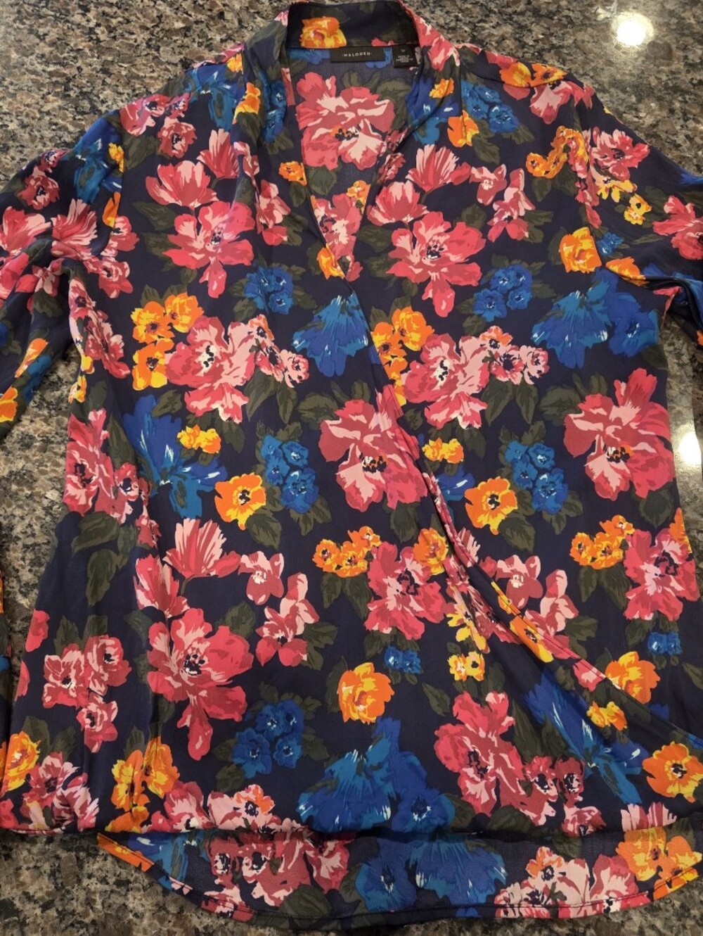 Halogen Navy Floral Blouse with Pink, Blue & Yellow Blooms